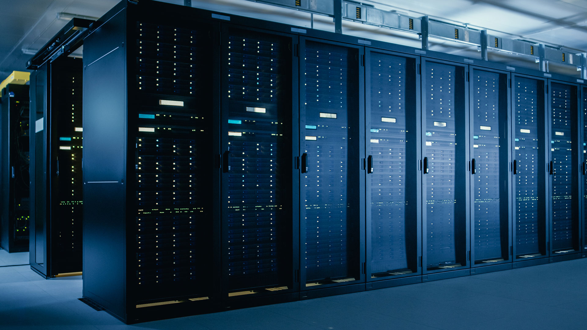 A row of servers inside a data center.