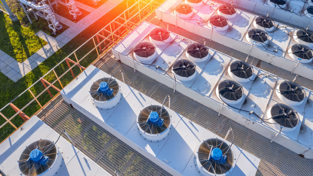 Industry equipment Air conditioning of plant, drone aerial top view of roof