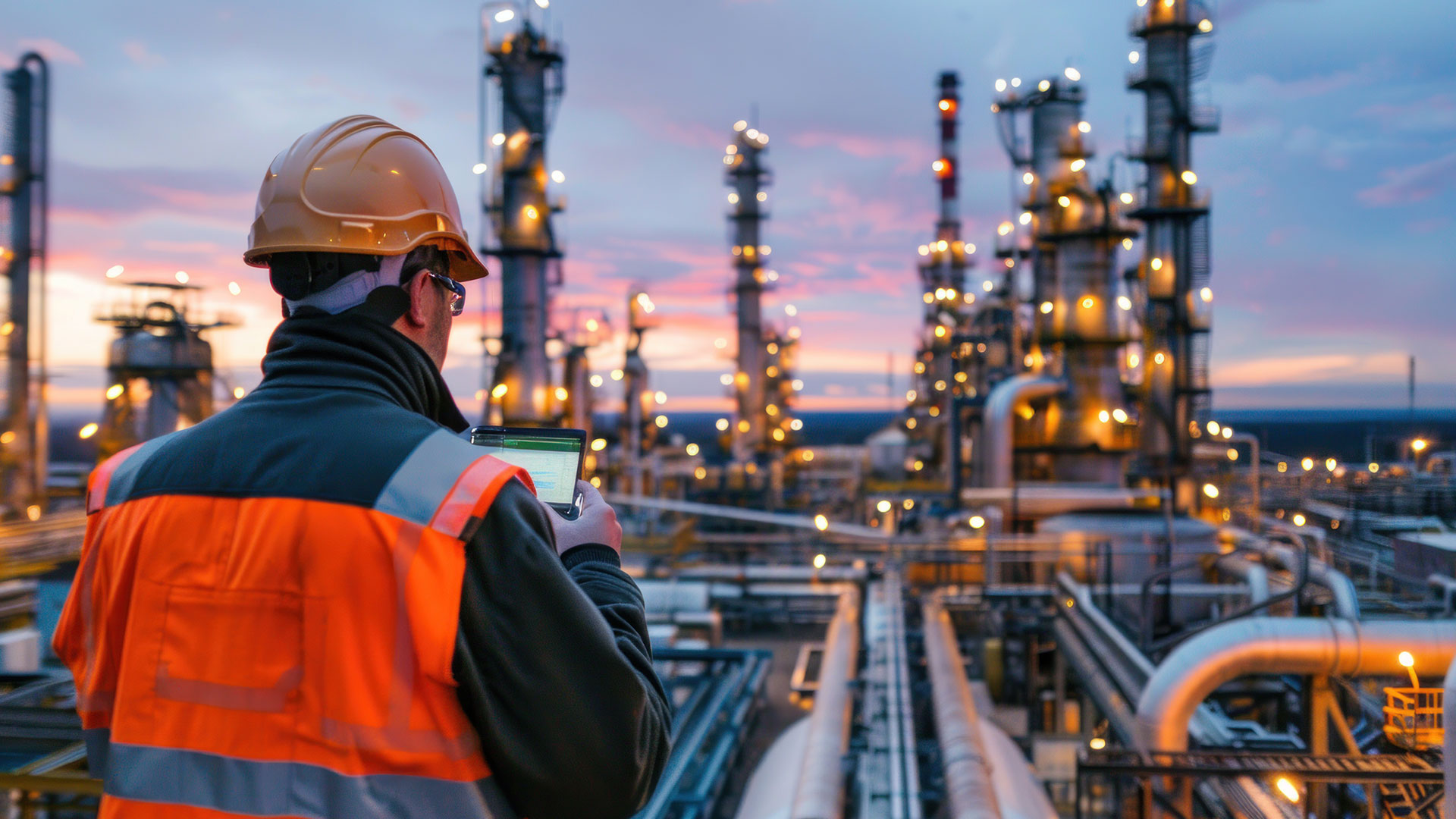 Man in a safety vest and hard hat looking out at a petrochemical refinery.
