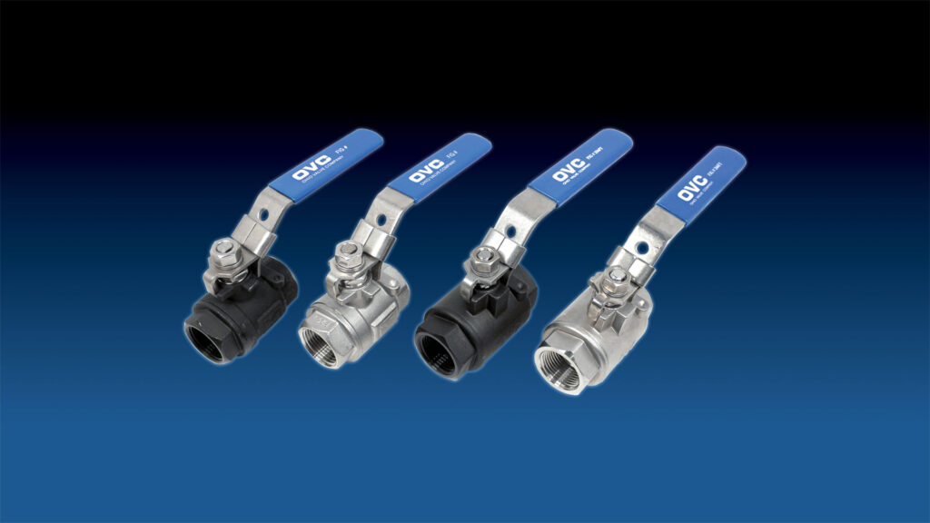 Groupings of carbon and stainless steel Ohio Valve Company 2 piece ball valves.