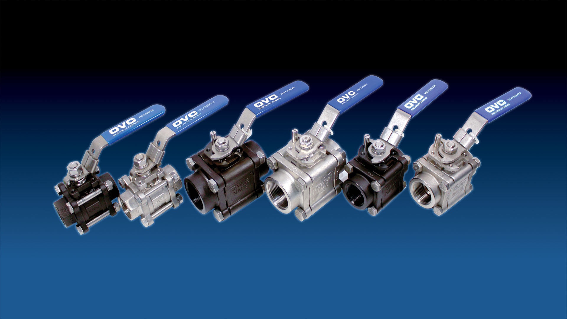 Groupings of carbon and stainless steel Ohio Valve Company 3 piece ball valves.