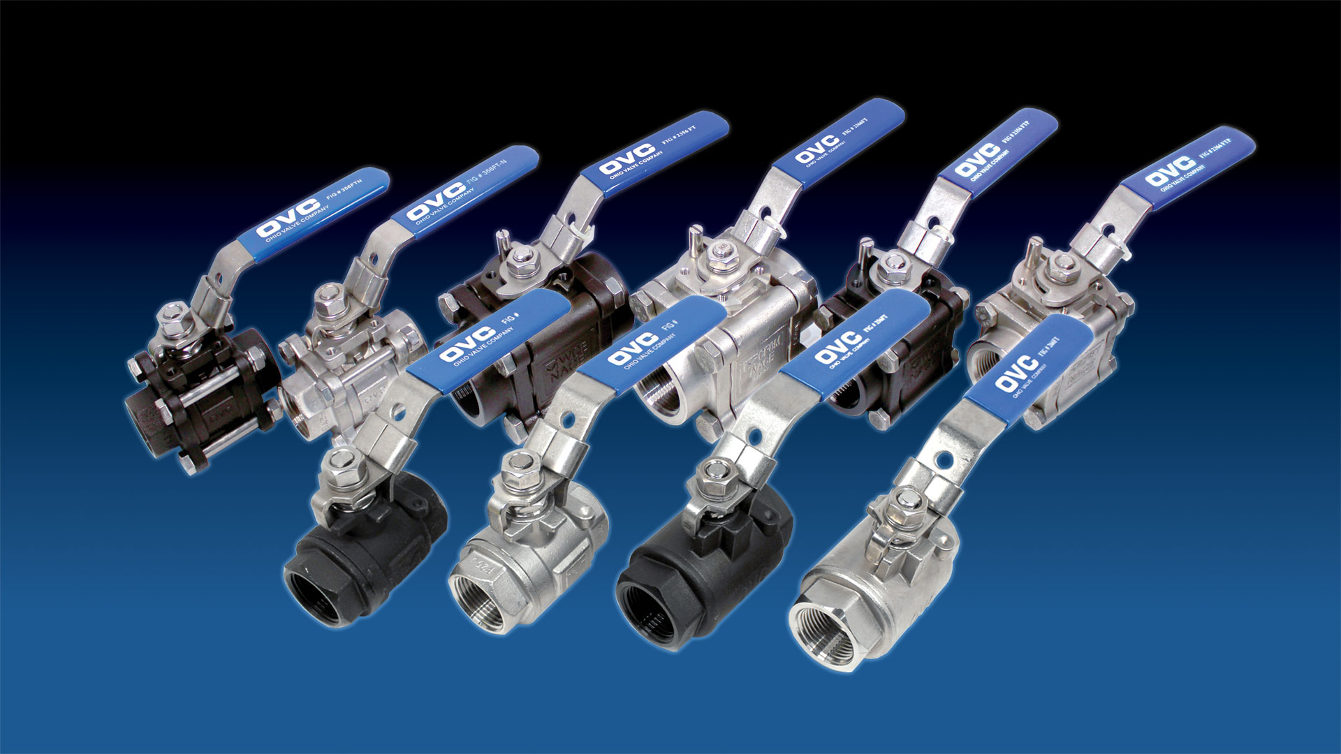 Groupings of carbon and stainless steel Ohio Valve Company ball valves.