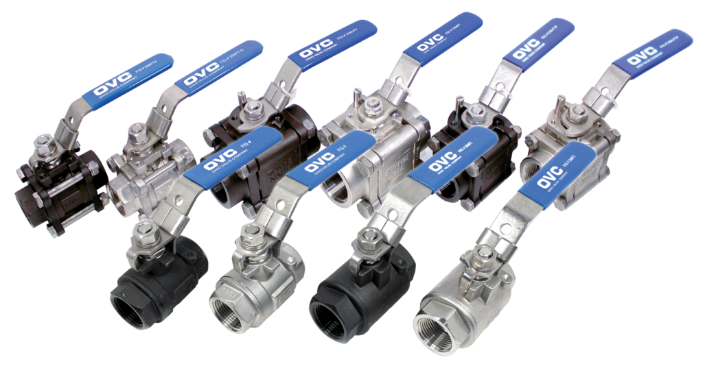 Groupings of carbon and stainless steel Ohio Valve Company ball valves on an isolated background.